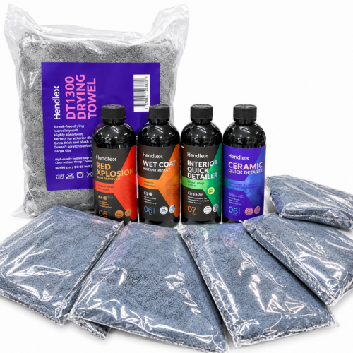 HENDLEX Premium Autopflege-Set: vier 500-ml-Flaschen, DT1300 Trockentuch und sechs Mikrofasertücher in Verpackung