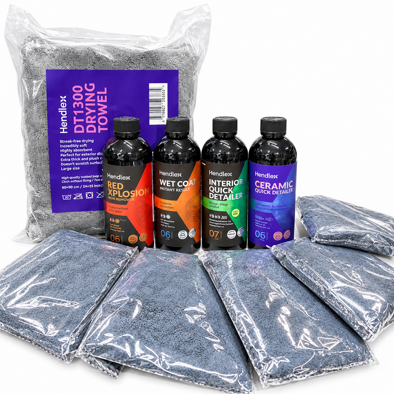 HENDLEX Premium Autopflege-Set: vier 500-ml-Flaschen, DT1300 Trockentuch und sechs Mikrofasertücher in Verpackung