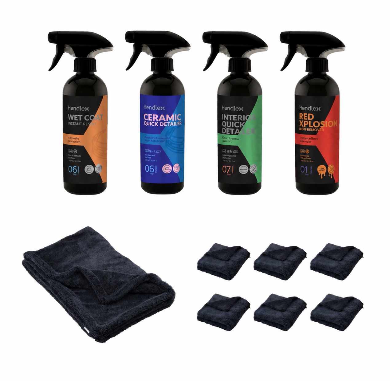 HENDLEX Premium Autopflege-Set mit vier 500-ml-Flaschen, DT1300 Trockentuch und sechs Mikrofasertüchern
